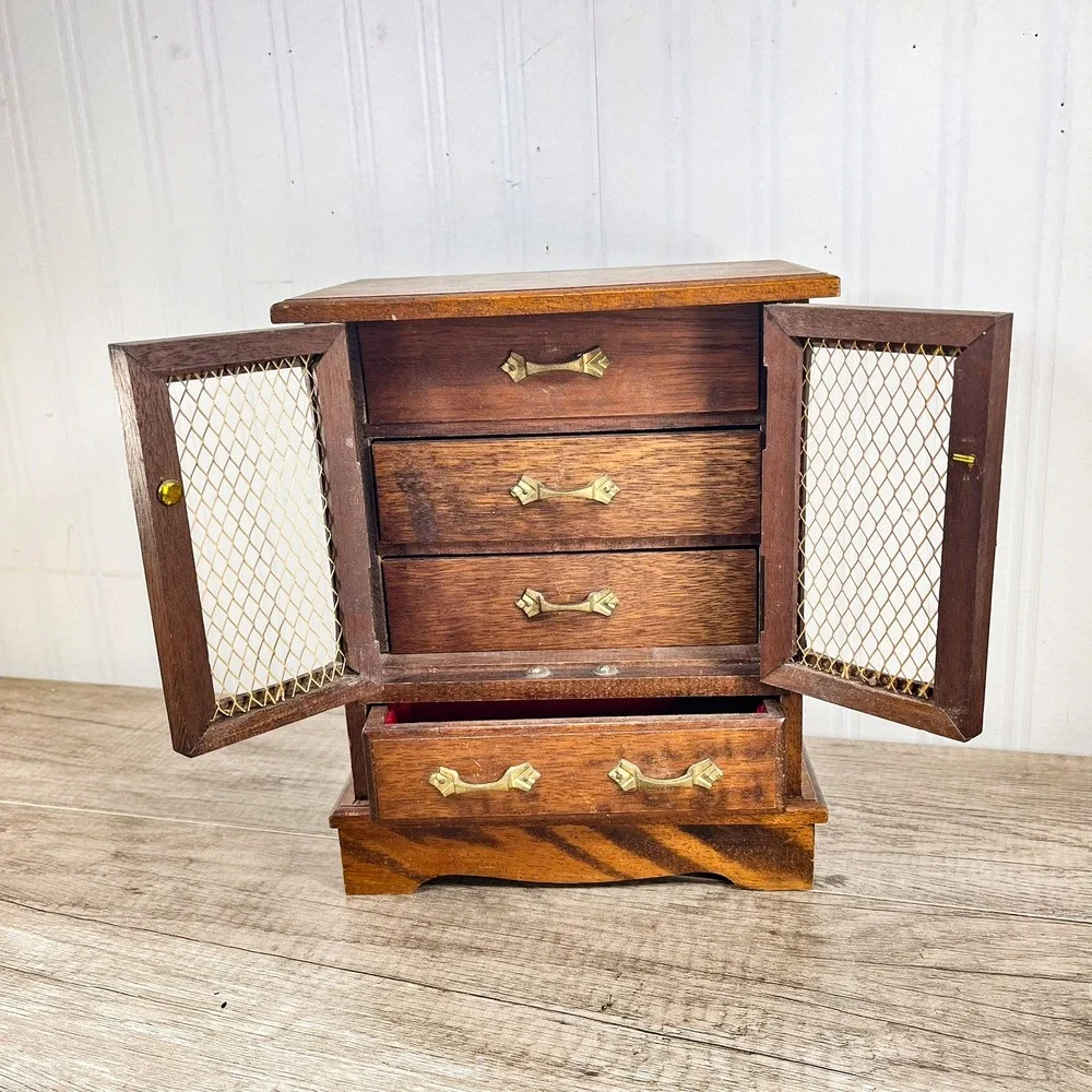 Vintage‎ Wood Musical Jewelry Box Armoire Cabinet Mesh Doors Brown Gold Hardware
